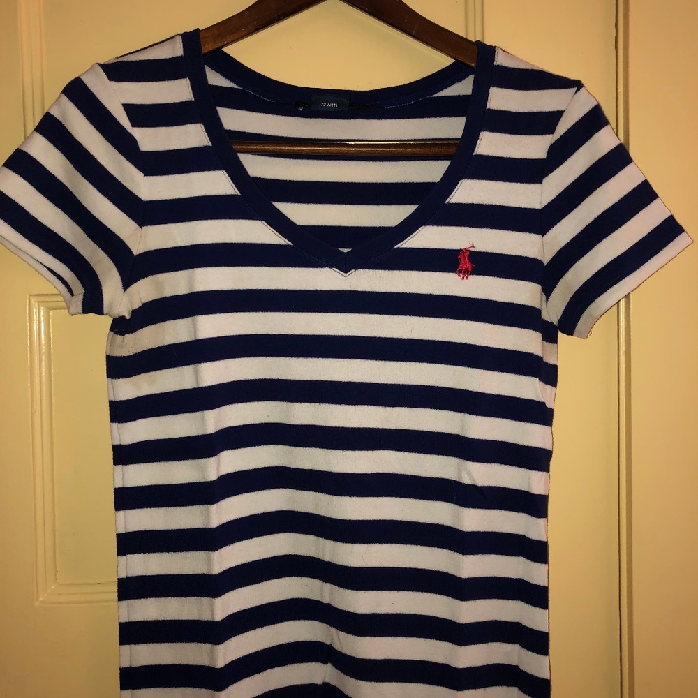 Navy and white striped tee, v neck